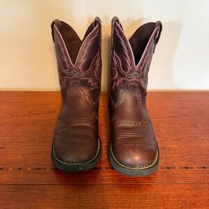 Justin Gypsy Brown Leather Pink Stitch Square Toe Cowgirl Boots Women's 9.5B